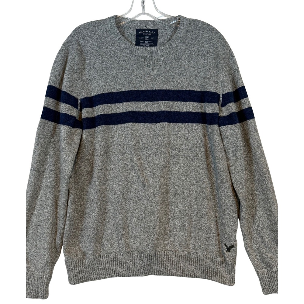 American Eagle Men XL Gray Navy Blue Striped Crew Neck Pullover Sweater Nautical